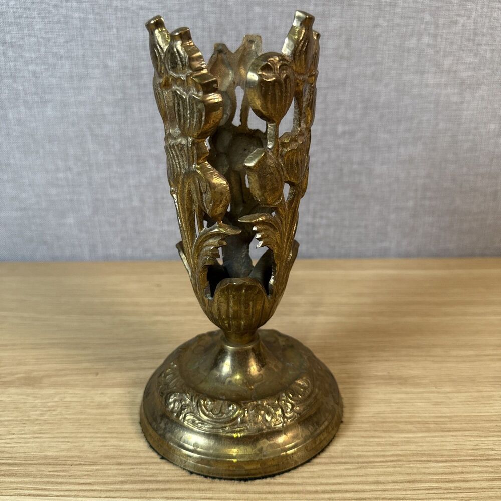 Vintage Brass Openwork Bud Vase Holder Ornate Hollywood Regency Base